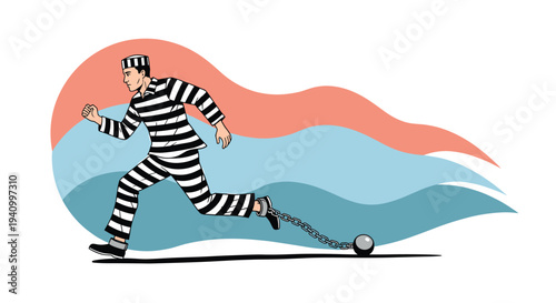 Prisoner in striped uniform running fast while attached to heavy iron ball and chain representing struggle for freedom from past.