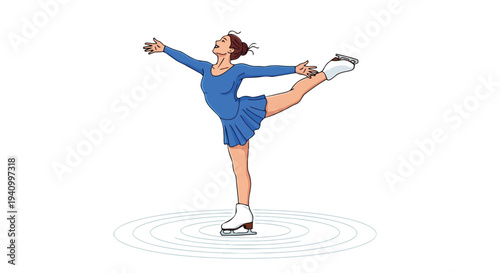 Graceful figure skater executes an elegant pose on the ice with outstretched arms and a lifted leg