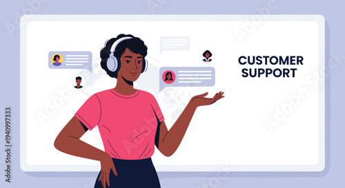 Professional female customer support representative wearing headset assisted by floating digital chat bubbles on world map.