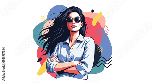 Stylish confident woman wearing round sunglasses with long hair flowing against vibrant abstract colorful background art design.