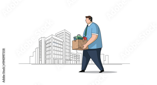 Employee carrying cardboard box of office supplies walking away from company building after resignation or termination event.