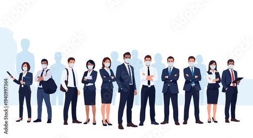 Diverse group of corporate business professionals standing in line wearing protective face masks for health and safety.