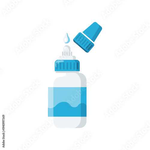 Eye dropper bottle with cap off, blue liquid drops