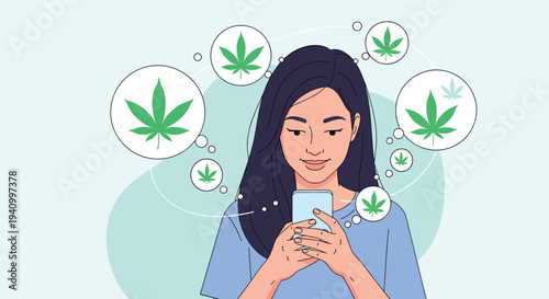 Young woman using smartphone while surrounded by floating digital bubbles containing green cannabis leaves for medical app use.