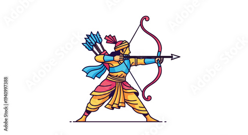 Illustrative depiction of an archer in traditional attire preparing to launch an arrow with focused determination