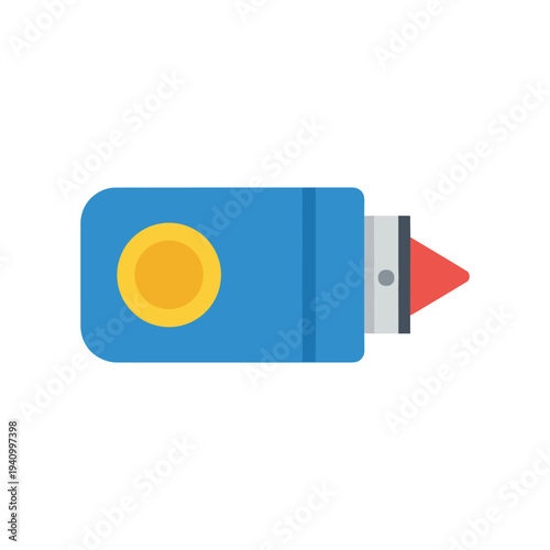 Colorful blue pencil sharpener with red cone, yellow circle