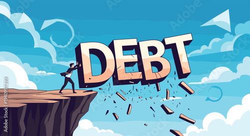 Determined businessman pushing giant heavy letters spelling debt off steep cliff edge to achieve financial freedom and relief.