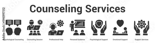 Counseling Services web banner icon set vector illustration concept for business with icon of Psychological Counseling, Counseling Session, Professional Help, Personal Guidance, Psychological Suppo.