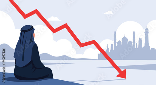 Person in traditional Arab clothing watching large red downward arrow representing economic recession over city skyline view.