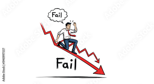 Stressed businessman running down a jagged falling red arrow with fail text bubble symbolizing business or financial failure.