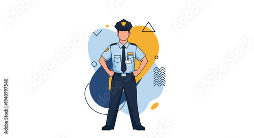 Male security guard in blue professional uniform and cap standing with hands on hips against abstract geometric background.