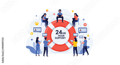Team of support agents with laptops arranged around lifebuoy with twenty-four hour support text for emergency assistance help.