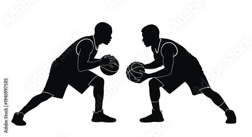 Black silhouette of two male basketball players facing each other in defensive crouch holding balls on white background scene.