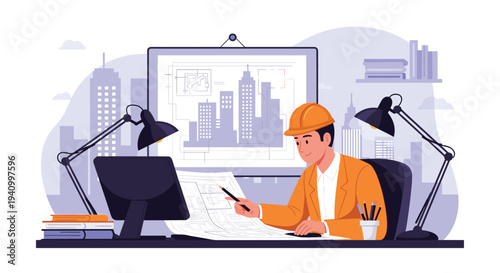 Male architect in orange safety helmet examining building blueprints at desk with computer and city skyline in background.