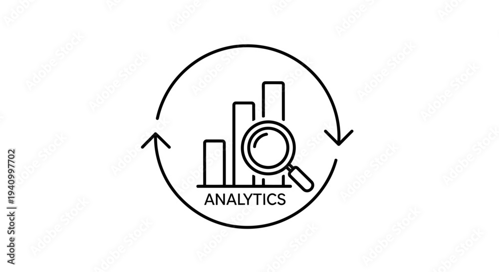 Obraz premium Analytics Icon: Magnifying Glass Over Bar Chart with Arrows, Data Analysis Concept