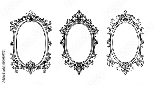 Vanity mirror set with ornate Victorian line art featuring floral scrollwork, elegant frame, black ink illustration with vintage details and antique style