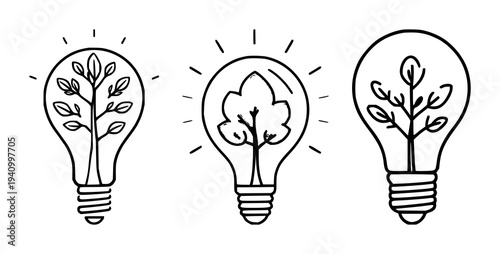 Tree set with minimalist pictogram inside a lightbulb featuring tree icon, lightbulb outline, bright green color with bold lines and white background