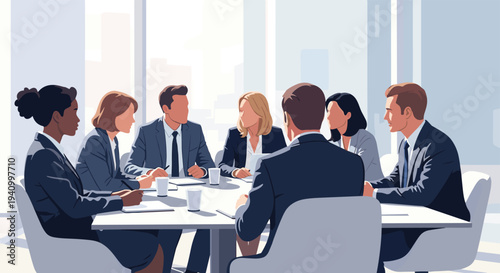 Diverse group of business professionals engaged in serious corporate meeting around large conference table in bright office room.