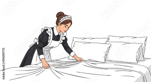 Diligent maid meticulously arranging crisp white linens and plush pillows on a neatly made bed for impeccable comfort and cleanliness