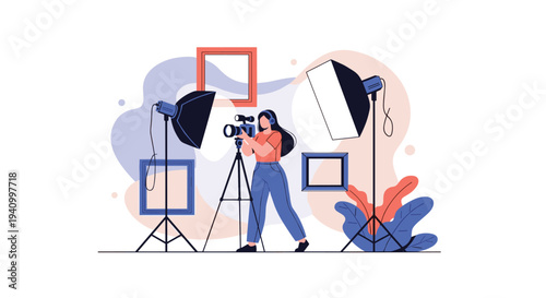 Filmmaker recording video with professional cinema camera on tripod in creative studio setting with specialized lighting equipment.