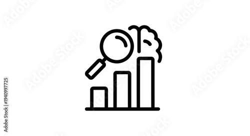 Brainstorming and Data Analysis: Magnifying Glass Over Growing Bar Chart and Brain Icon