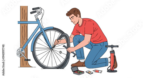 A young man diligently repairs a bicycle tire with a patching kit and pump, demonstrating a resourceful approach to maintenance.