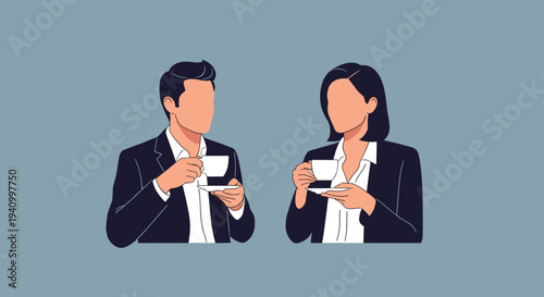 Business couple wearing formal suits having coffee break and casual conversation against plain blue background in office setting.