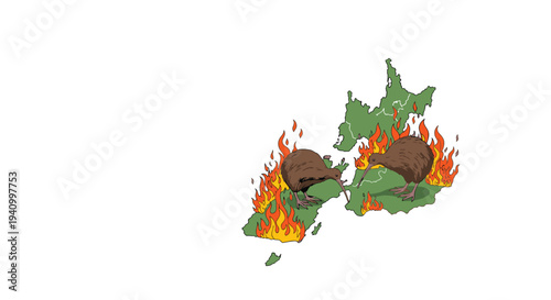 Pair of kiwi birds standing on green map of new zealand surrounded by orange flames representing environmental climate crisis.