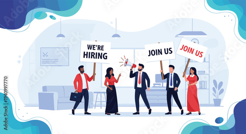 Corporate hiring and recruitment banner with diverse team of recruiters holding join us signs and using megaphone for announcement.