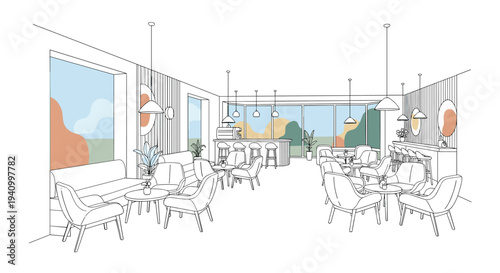 Modern cafe interior line drawing featuring stylish armchairs round tables and bar counter with large scenic windows and light.