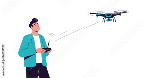 Man controlling a drone with a remote, symbolizing modern technology and aerial surveillance in an artistic illustration