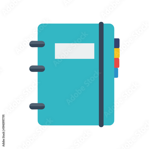 Teal notebook with colorful tabs and elastic closure