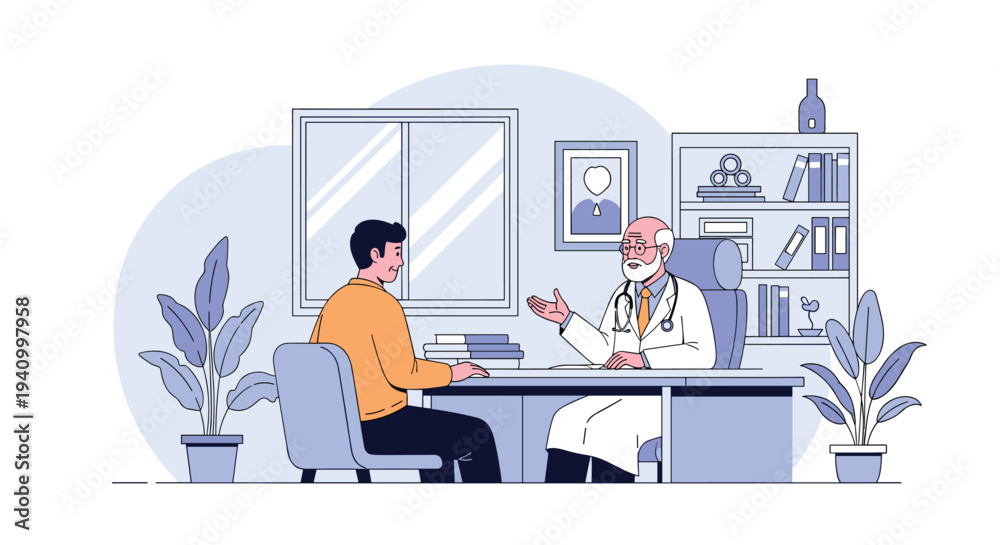 Fototapeta premium Senior male doctor with a beard sitting at his desk and consulting with a young man in a modern medical office.