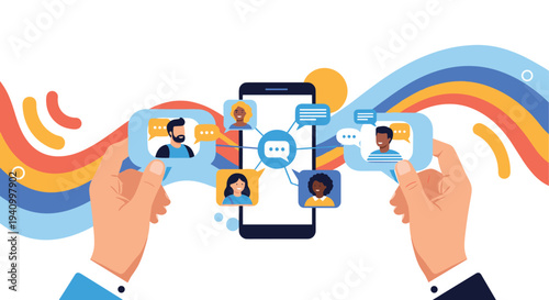 Human hands holding a smartphone with various social media user profiles and chat bubbles against a colorful wavy background.