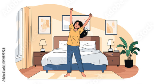 Young woman in pajamas stretching her arms after waking up in a bright and cozy bedroom with a large bed and decorations.
