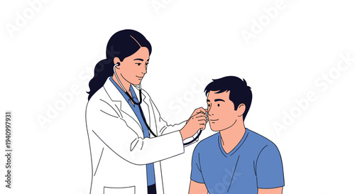 Female doctor in a white coat using an otoscope to examine the ear of a young male patient sitting in a clinical setting.