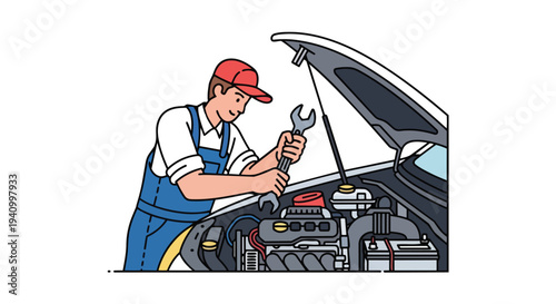 Dedicated Mechanic Skillfully Adjusting Vehicle Engine Components with a Wrench Under the Open Hood