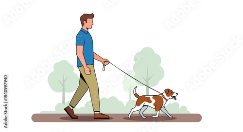 A person enjoys a brisk outdoor walk with their loyal canine companion through a stylized park setting