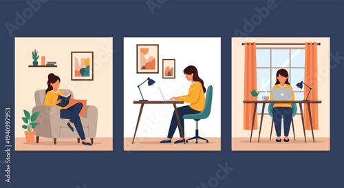Three panels showing a woman's daily routine including reading in a chair, working at a desk, and using a laptop by a window.