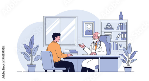 Senior male doctor with a beard sitting at his desk and consulting with a young man in a modern medical office.