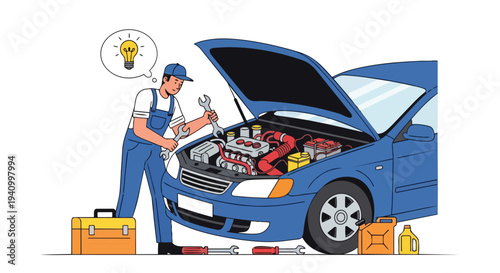 A focused mechanic with tools and a blue car undergoing routine maintenance and an innovative repair idea visualization