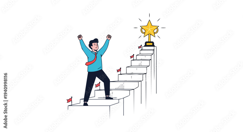 Fototapeta premium Man celebrating achieving top of the stairs with golden trophy as symbol of ultimate success and victory