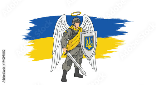 Ukrainian soldier depicted as an angel with white wings, a halo, a shield with a trident, and a sword against a painted flag.