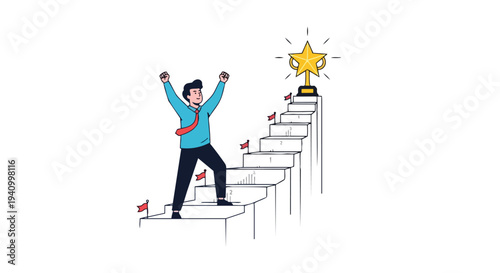 Man celebrating achieving top of the stairs with golden trophy as symbol of ultimate success and victory