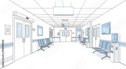 Clean and empty hospital hallway with blue chairs, white doors, a water cooler, and clinical signage in a perspective view.