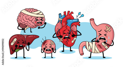 Group of cartoon human organs including a brain, heart, stomach, and liver depicted as injured and being in pain.
