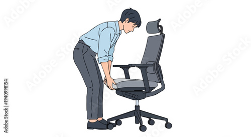 Man adjusting office chair ergonomic posture and comfort for office worker health and productivity in modern workplace setting