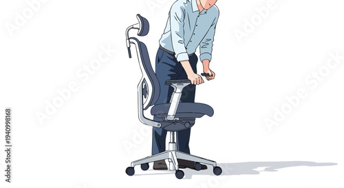 Ergonomic office chair adjustment by a man in casual attire focusing on comfort and customization for optimal seating experience and workspace setup