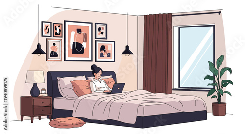 Woman sitting on a large bed and working on a laptop in a stylishly decorated bedroom with wall art and soft lighting.