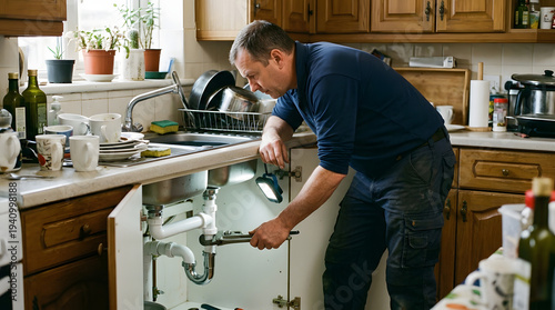 Professional Plumber Repairing Leaking Kitchen Sink Pipe with Wrench, Home Maintenance and Plumbing Service Concept